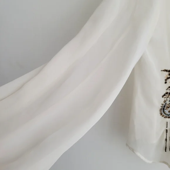 RANDOLPH DUKE Sheer Off White Beaded Boho Flounce Top - Picture 4 of 6